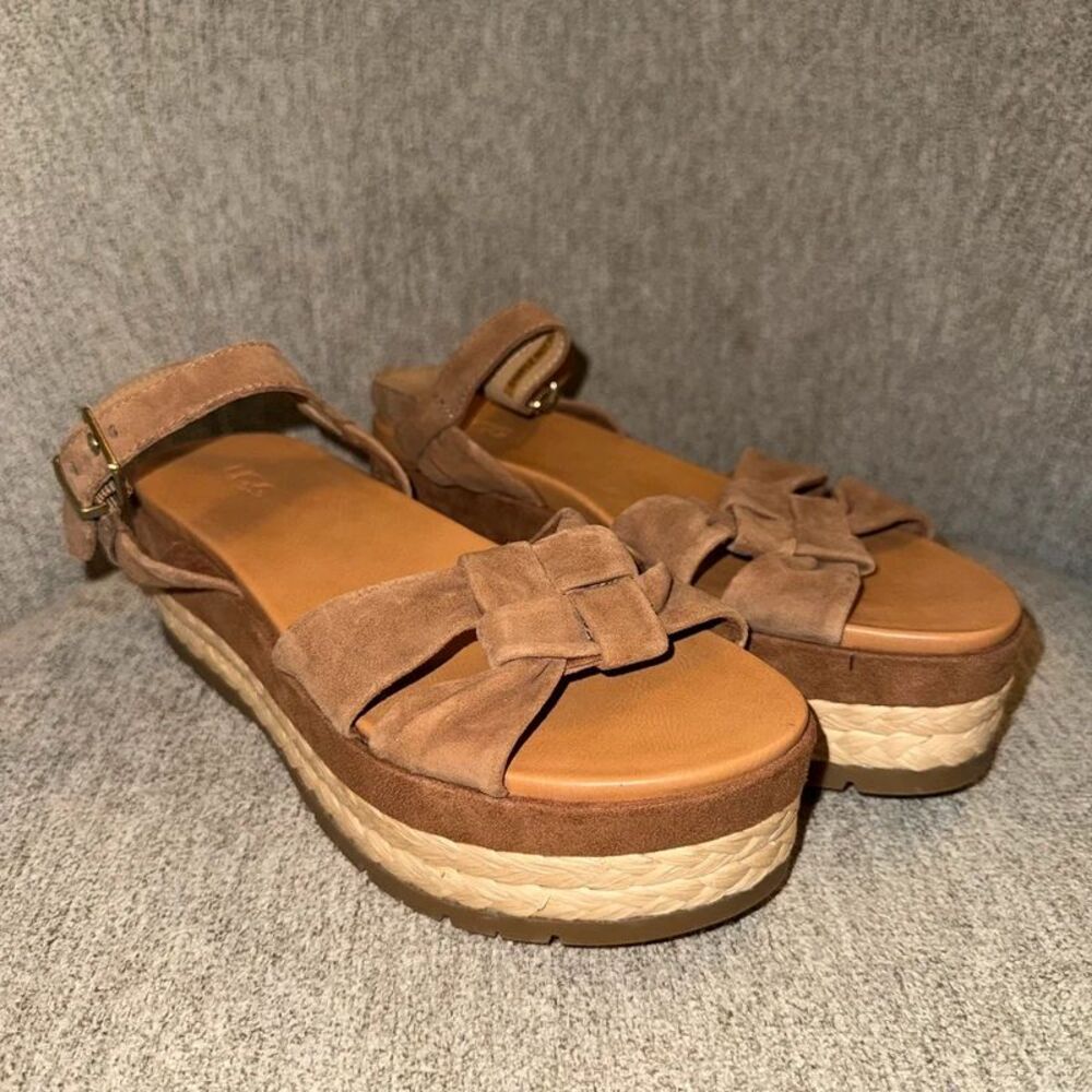 UGG Neusch Platform Sandals Women 7 Chestnut Brown Suede Espadrille Wedge Sample